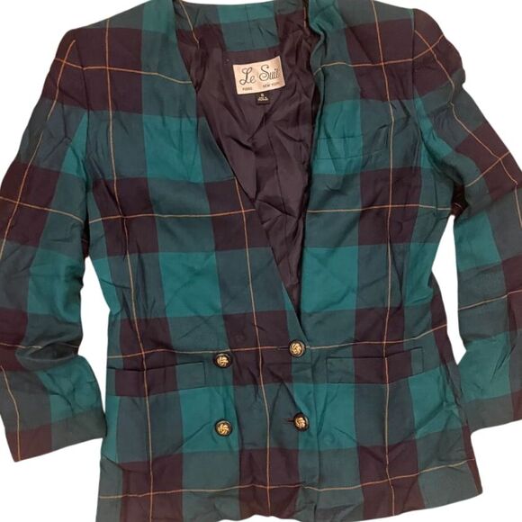Vintage Le Suit Blazer Size 6 Blue Green Plaid‎ perfect for holidays - Picture 1 of 4